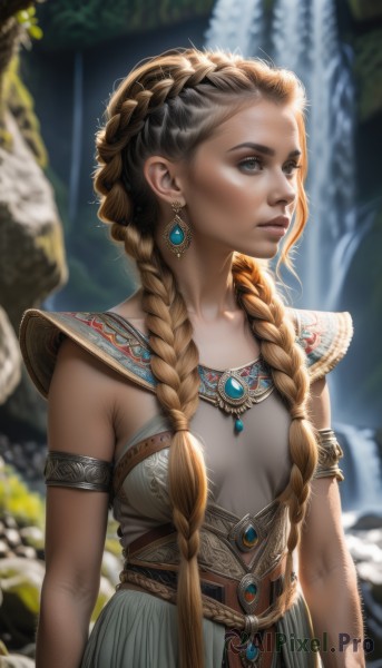 1girl,solo,long hair,breasts,blue eyes,blonde hair,brown hair,dress,jewelry,closed mouth,collarbone,upper body,braid,multicolored hair,earrings,small breasts,outdoors,sleeveless,belt,artist name,water,necklace,armor,blurry,twin braids,lips,looking to the side,depth of field,blurry background,looking away,gem,hair over shoulder,armlet,realistic,nose,grey dress,waterfall,multiple braids,scar,sunlight,backlighting,arms at sides,crown braid,gold