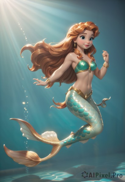 1girl,solo,long hair,breasts,looking at viewer,smile,blue eyes,brown hair,navel,bare shoulders,jewelry,medium breasts,swimsuit,full body,bikini,earrings,small breasts,parted lips,teeth,artist name,water,orange hair,bracelet,lips,sunlight,monster girl,light rays,underwater,scales,green bikini,mermaid,monsterification,blush,very long hair,red hair,midriff,bikini top only,red lips,fins