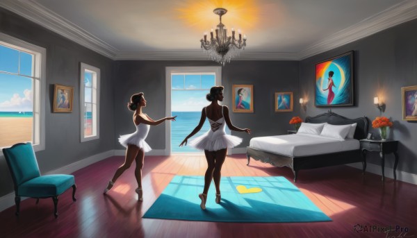 1girl,short hair,multiple girls,skirt,brown hair,black hair,dress,2girls,bare shoulders,standing,flower,pantyhose,sky,barefoot,day,cloud,indoors,signature,dark skin,hair bun,from behind,white dress,leotard,dark-skinned female,blue sky,pillow,window,bed,shadow,rose,ocean,on bed,back,chair,table,sunlight,single hair bun,red flower,couch,reflection,wooden floor,mirror,backless outfit,lamp,dancing,photo (object),bedroom,vase,picture frame,painting (object),picture (object),rug,reflective floor,chandelier,ballerina,ballet slippers,ballet,tutu,breasts,jewelry,ponytail,ass,earrings,shoes,artist name,water,high heels,bare legs,watermark,short dress,scenery,candle,tiptoes,very dark skin,black skin,candlestand,portrait (object),contrast