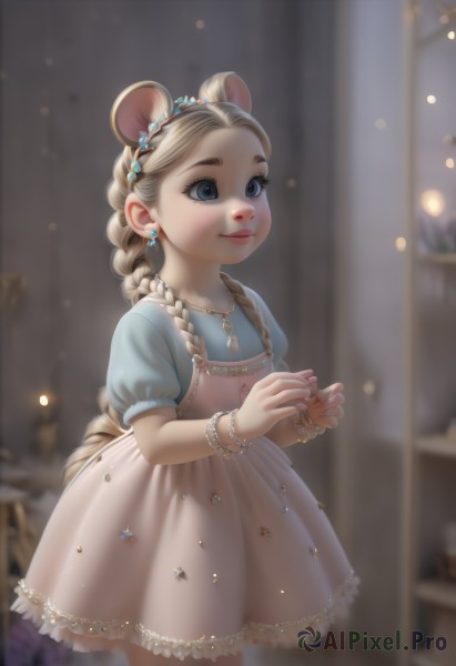 1girl,solo,long hair,smile,blue eyes,blonde hair,dress,animal ears,jewelry,very long hair,standing,braid,short sleeves,hairband,earrings,puffy sleeves,indoors,necklace,blurry,twin braids,bracelet,puffy short sleeves,lips,blurry background,ring,child,forehead,mouse ears,female child,closed mouth,tail,cowboy shot,single braid,depth of field,fake animal ears,blue dress,looking away,thick eyebrows,aged down,hair over shoulder,beads,braided ponytail,realistic,nose,red lips