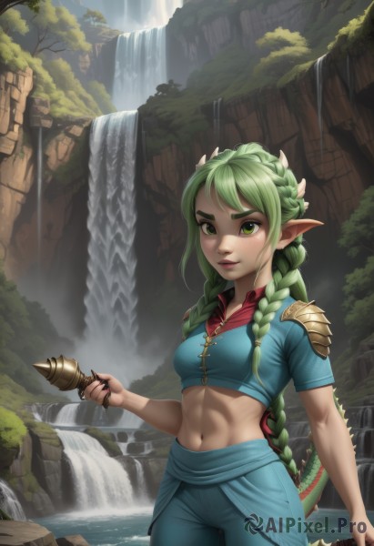 1girl,solo,long hair,breasts,smile,bangs,shirt,hair ornament,navel,holding,medium breasts,very long hair,green eyes,standing,tail,weapon,braid,short sleeves,cowboy shot,outdoors,green hair,pointy ears,midriff,pants,sword,artist name,hair flower,water,stomach,nail polish,armor,twin braids,tree,lips,crop top,fingernails,thick eyebrows,blue shirt,nature,freckles,toned,blue pants,waterfall,looking at viewer,small breasts,watermark,abs,elf,web address,patreon username,rock,river