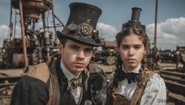 1girl,long hair,looking at viewer,brown hair,shirt,black hair,1boy,hat,bow,brown eyes,jewelry,jacket,white shirt,upper body,braid,earrings,outdoors,parted lips,sky,day,collared shirt,cloud,bowtie,blurry,vest,lips,black jacket,black headwear,black bow,blurry background,siblings,freckles,black bowtie,top hat,realistic,watercraft,ship,steampunk,multiple girls,2girls,closed mouth,mole,blue sky,depth of field,goggles,hair over shoulder,goggles on head,goggles on headwear,bowler hat