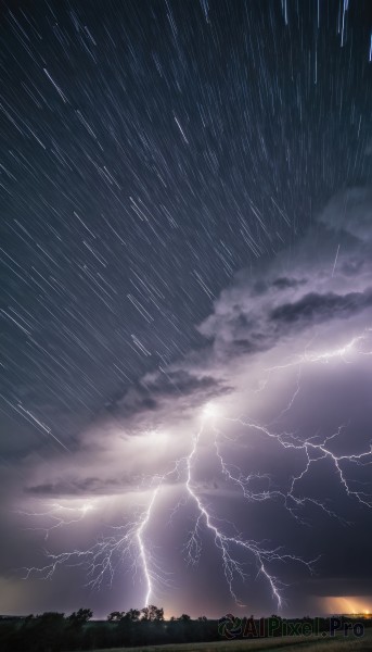 outdoors,sky,cloud,tree,no humans,night,cloudy sky,grass,nature,night sky,scenery,rain,sunset,electricity,lightning,star (sky),starry sky,horizon,landscape,shooting star