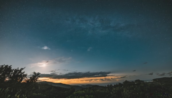 outdoors,sky,cloud,tree,no humans,night,grass,star (sky),nature,night sky,scenery,forest,starry sky,sunset,mountain,twilight,landscape,gradient sky,sunrise,sun,horizon