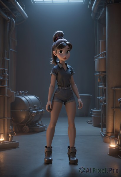 1girl,solo,breasts,looking at viewer,smile,brown hair,shirt,black hair,brown eyes,standing,full body,ponytail,short sleeves,small breasts,boots,parted lips,shorts,collared shirt,indoors,hair bun,black eyes,lips,black shirt,short shorts,single hair bun,backlighting,science fiction,ankle boots,light,industrial pipe,long hair,shoes,belt,legs,window,black shorts,blue shirt,child,female child,machine