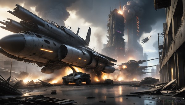 HQ,outdoors,sky,cloud,signature,military,no humans,cloudy sky,fire,ground vehicle,building,scenery,motor vehicle,smoke,science fiction,city,realistic,aircraft,military vehicle,car,airplane,battle,explosion,ruins,vehicle focus,damaged,spacecraft,debris,jet,destruction,water,reflection,flying,missile