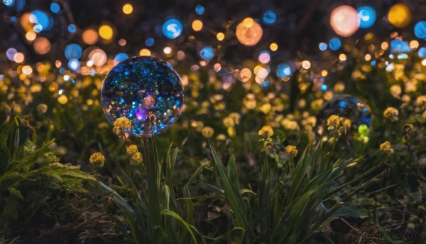 flower, outdoors, sky, blurry, no humans, night, depth of field, grass, plant, star (sky), night sky, scenery