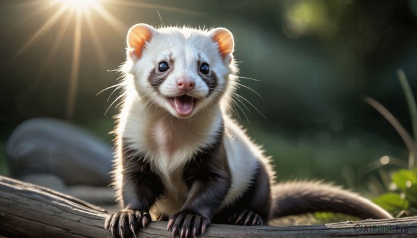 HQ,solo,looking at viewer,open mouth,blue eyes,outdoors,tongue,signature,blurry,tree,no humans,depth of field,blurry background,animal,fangs,sunlight,cat,plant,claws,lens flare,light rays,realistic,sun,animal focus,mouse,whiskers,full body,teeth,watermark