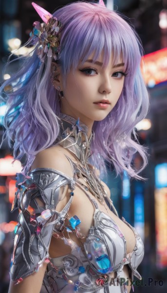 1girl,solo,long hair,breasts,looking at viewer,bangs,blue eyes,hair ornament,cleavage,jewelry,medium breasts,upper body,purple hair,earrings,small breasts,parted lips,horns,medium hair,armor,blurry,lips,grey eyes,depth of field,blurry background,science fiction,realistic,bare shoulders,closed mouth,artist name,black eyes,from side,looking to the side,eyelashes,makeup,watermark,piercing,gem,nose,fantasy,bikini armor