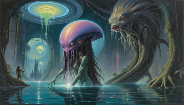 1girl,long hair,red eyes,1boy,nude,teeth,signature,water,tree,wet,saliva,night,moon,sharp teeth,monster girl,scenery,tentacles,wading,reflection,monster,fantasy,size difference,giant,dripping,extra eyes,alien,eldritch abomination,breasts,black hair,very long hair,sky,glowing,colored skin,plant,green skin,slime (substance)