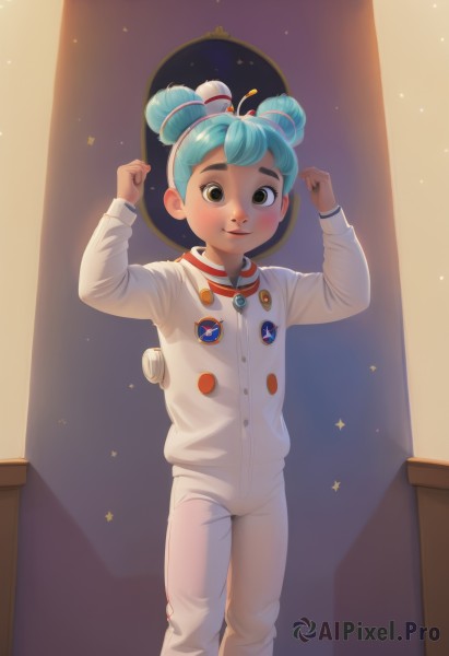 1girl,solo,looking at viewer,blush,smile,short hair,long sleeves,brown eyes,closed mouth,blue hair,standing,pants,indoors,hair bun,arms up,hands up,double bun,aqua hair,buttons,feet out of frame,thick eyebrows,child,white pants,female child,badge,button badge,medal