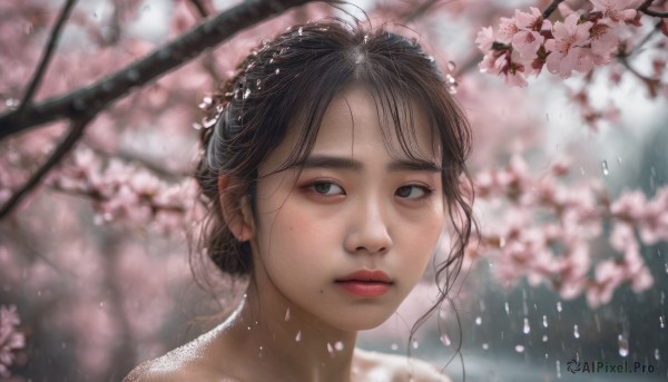 1girl, solo, looking at viewer, brown hair, brown eyes, flower, outdoors, parted lips, mole, blurry, tree, lips, depth of field, blurry background, cherry blossoms, portrait, mole under mouth, rain, water drop, realistic, nose, branch