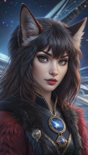 1girl,solo,long hair,looking at viewer,bangs,brown hair,black hair,animal ears,brown eyes,jewelry,upper body,artist name,cat ears,necklace,lips,animal ear fluff,grey eyes,fur trim,fox ears,eyelashes,makeup,lipstick,brooch,gem,star (sky),freckles,nose,red lips,closed mouth,sky