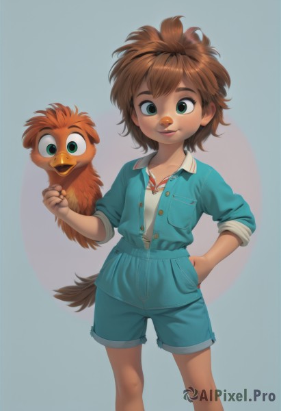 1girl,solo,looking at viewer,smile,short hair,simple background,brown hair,shirt,green eyes,standing,tail,white shirt,hairband,shorts,hand on hip,bird,animal,blue background,thick eyebrows,genderswap,genderswap (mtf),sleeves rolled up,personification,freckles,blue shorts,pocket,hand in pocket,breast pocket,tomboy,creature and personification,blue eyes,collarbone,jacket,lips,feet out of frame,denim,denim shorts,nose,beak