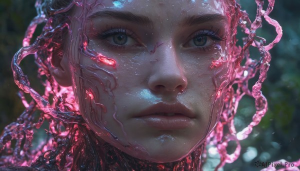 1girl, solo, looking at viewer, short hair, brown eyes, closed mouth, blurry, lips, eyelashes, blurry background, watermark, portrait, web address, close-up, science fiction, realistic, nose