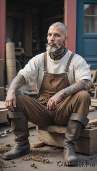 solo,looking at viewer,shirt,1boy,brown eyes,jewelry,sitting,full body,white shirt,white hair,male focus,earrings,boots,outdoors,pants,black footwear,blurry,tattoo,blurry background,facial hair,beard,sleeves rolled up,cigarette,realistic,mustache,smoking,overalls,arm tattoo,bald,old,coin,old man,crate,short hair,lips,grey eyes,box,smoke,manly,brown pants,smoking pipe,cigar