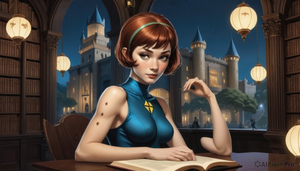 1girl,solo,breasts,looking at viewer,blush,short hair,bangs,brown hair,bare shoulders,brown eyes,medium breasts,sitting,green eyes,upper body,hairband,sky,sleeveless,solo focus,artist name,indoors,covered nipples,tree,lips,book,bare arms,window,night,turtleneck,watermark,chair,table,building,star (sky),night sky,web address,starry sky,freckles,open book,nose,bookshelf,castle,library,multiple girls,lantern,lamp,green hairband