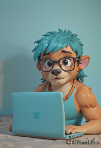 solo,looking at viewer,smile,short hair,shirt,1boy,animal ears,brown eyes,jewelry,closed mouth,blue hair,upper body,male focus,green hair,glasses,sleeveless,artist name,necklace,blurry,black eyes,blurry background,thick eyebrows,tank top,blue shirt,furry,personification,freckles,black-framed eyewear,furry male,computer,animal nose,laptop,brown fur,bangs,bare shoulders,pointy ears,sleeveless shirt,aqua hair,blue background,extra ears,round eyewear,body fur,snout,two-tone fur,aqua shirt,brown-framed eyewear,orange fur,blue tank top