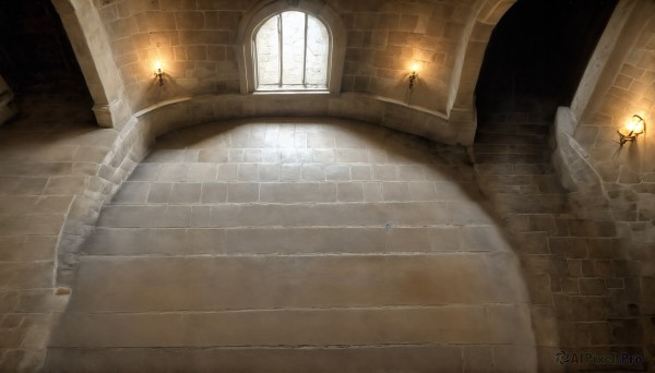 HQ,1girl,indoors,window,sunlight,fire,scenery,light rays,stairs,light,candle,pillar,statue,hallway,torch,church,arch,chandelier,weapon,no humans,staff,lantern,fantasy,door,wall,brick wall,stone floor,stone wall