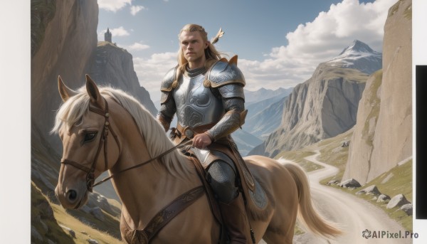 1girl,solo,long hair,blonde hair,hair ornament,1boy,closed mouth,weapon,braid,male focus,boots,outdoors,sky,day,cloud,armor,blue sky,lips,shoulder armor,gauntlets,pauldrons,breastplate,mountain,realistic,riding,faulds,horse,horseback riding,chainmail,plate armor,reins,saddle,brown hair,pants,animal,cloudy sky