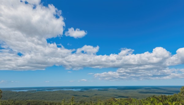 outdoors,sky,day,cloud,water,tree,blue sky,no humans,ocean,cloudy sky,grass,plant,nature,scenery,horizon,field,summer,landscape,hill