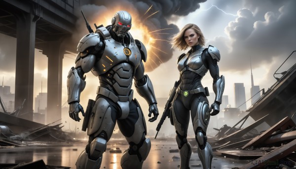 HQ,1girl,looking at viewer,short hair,blonde hair,brown hair,red eyes,1boy,standing,weapon,sky,cloud,armor,lips,gun,bodysuit,glowing,cloudy sky,robot,building,mecha,rifle,smoke,science fiction,city,assault rifle,explosion,ruins,cyborg,power armor,debris,power suit,breasts,blue eyes,signature,wind,glowing eyes,realistic,military vehicle,electricity,cityscape,lightning,cyberpunk,arm blade