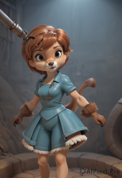 1girl,solo,breasts,looking at viewer,smile,short hair,bangs,brown hair,shirt,dress,animal ears,brown eyes,green eyes,standing,collarbone,tail,weapon,short sleeves,small breasts,shorts,shiny,artist name,indoors,signature,blurry,shiny hair,fur trim,blurry background,feet out of frame,blue dress,happy,thick eyebrows,blue shirt,child,claws,furry,zipper,freckles,blue shorts,dog tail,furry female,dog girl,female child,body fur,fur,animal nose,snout,brown fur,open mouth,skirt,parted lips,teeth,blue skirt,:3,brown gloves,animal hands,light rays