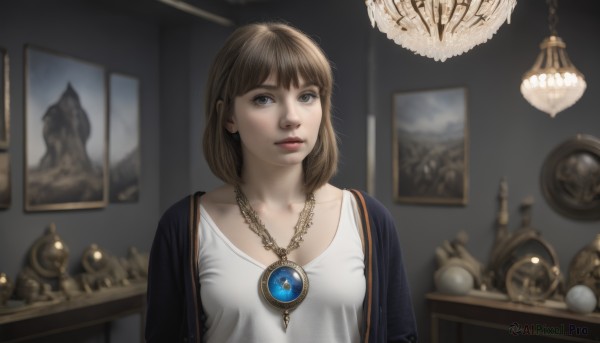 1girl,solo,breasts,looking at viewer,short hair,bangs,blue eyes,brown hair,shirt,dress,brown eyes,jewelry,collarbone,white shirt,upper body,indoors,medium hair,necklace,blurry,lips,grey eyes,blurry background,gem,pendant,realistic,nose,picture frame,statue,painting (object),brooch,portrait (object)