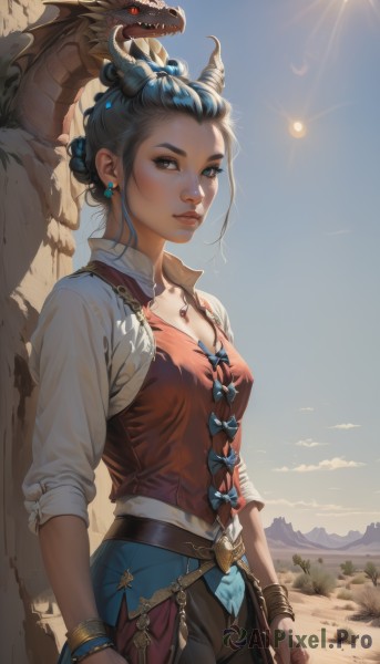 1girl,solo,breasts,looking at viewer,short hair,blue eyes,shirt,black hair,red eyes,bow,cleavage,brown eyes,jewelry,medium breasts,blue hair,standing,collarbone,white shirt,braid,cowboy shot,earrings,small breasts,outdoors,parted lips,horns,sky,teeth,day,belt,pants,signature,necklace,hair bun,vest,bracelet,blue sky,lips,eyelashes,makeup,black pants,sunlight,sharp teeth,gem,backlighting,freckles,dragon horns,rock,mountain,nose,fantasy,dragon,sun,desert,hair ornament,cloud,heterochromia,single hair bun,thick eyebrows,sunrise