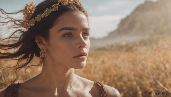 1girl,solo,long hair,brown hair,black hair,hair ornament,brown eyes,jewelry,closed mouth,collarbone,flower,earrings,outdoors,sky,day,necklace,blurry,tree,lips,looking to the side,grey eyes,floating hair,depth of field,blurry background,looking away,wind,portrait,freckles,realistic,looking afar,head wreath,field,dark skin,piercing,sunlight,mountain