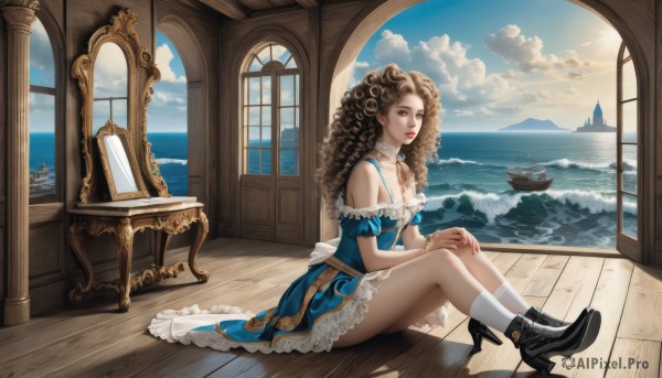 1girl,solo,long hair,breasts,looking at viewer,brown hair,dress,cleavage,bare shoulders,brown eyes,jewelry,medium breasts,sitting,full body,short sleeves,boots,frills,detached sleeves,sky,choker,day,socks,cloud,indoors,water,nail polish,black footwear,high heels,bracelet,from side,blue sky,lips,window,makeup,blue dress,ocean,sunlight,frilled dress,cloudy sky,lipstick,white socks,lace trim,lace,red nails,high heel boots,reflection,curly hair,wooden floor,mirror,nose,on floor,red lips,ankle boots,watercraft,ship,ringlets,boat,ribbon,parted lips,shoes,off shoulder,neck ribbon,realistic,military vehicle,ribbon choker,lace-trimmed dress,warship,battleship