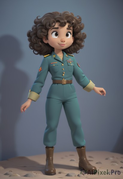 1girl,solo,breasts,smile,brown hair,long sleeves,brown eyes,closed mouth,standing,jacket,full body,boots,belt,pants,dark skin,medium hair,nail polish,uniform,dark-skinned female,lips,fingernails,military,military uniform,shadow,brown footwear,thick eyebrows,red nails,pink nails,curly hair,pocket,rock,brown belt,breast pocket,big hair,green pants,afro,artist name,buttons,watermark,messy hair,badge,military jacket