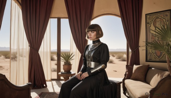 1girl,solo,short hair,bangs,brown hair,black hair,long sleeves,dress,brown eyes,jewelry,sitting,closed mouth,day,puffy sleeves,indoors,blunt bangs,black dress,lips,looking to the side,pillow,book,window,bed,on bed,chair,looking away,bob cut,plant,curtains,juliet sleeves,nose,potted plant,cushion,carpet,hands on lap,blue eyes,choker,belt,scenery,couch,rug