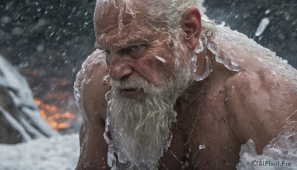 solo,blue eyes,1boy,upper body,white hair,male focus,blurry,muscular,facial hair,scar,muscular male,beard,scar on face,snow,snowing,mature male,realistic,mustache,scar across eye,bald,manly,old,old man,jewelry,closed mouth,outdoors,artist name,necklace,depth of field,blurry background,thick eyebrows