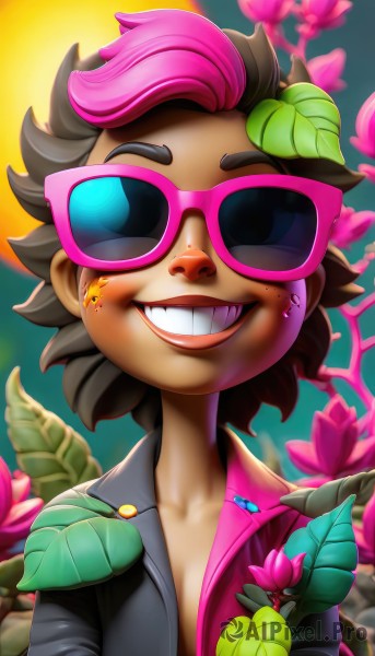 1girl,solo,looking at viewer,smile,short hair,open mouth,brown hair,black hair,holding,collarbone,jacket,upper body,pink hair,flower,multicolored hair,open clothes,teeth,dark skin,grin,two-tone hair,dark-skinned female,black jacket,leaf,sunglasses,pink flower,tinted eyewear,pink-tinted eyewear,artist name,mole,open jacket,makeup,freckles