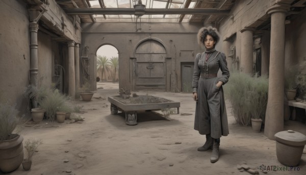 1girl,solo,looking at viewer,short hair,black hair,long sleeves,hat,jewelry,closed mouth,standing,full body,boots,outdoors,necktie,day,belt,indoors,necklace,black footwear,black eyes,coat,window,plant,hand in pocket,door,potted plant,ruins,pillar,trench coat,flower pot,arch,overcoat,dress,hand on hip,table,grass,scenery,wide shot,bonnet