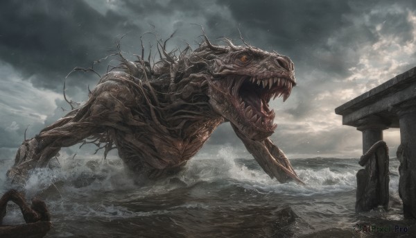 open mouth,outdoors,sky,teeth,cloud,water,no humans,ocean,cloudy sky,sharp teeth,scenery,monster,giant,ruins,waves,kaijuu