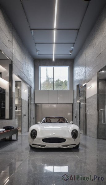 day,indoors,tree,no humans,window,ground vehicle,scenery,motor vehicle,reflection,mirror,door,tiles,car,tile floor,vehicle focus,open door,ceiling,sink,ceiling light,reflective floor,seat,shadow,rain,wooden floor,sports car,washing machine