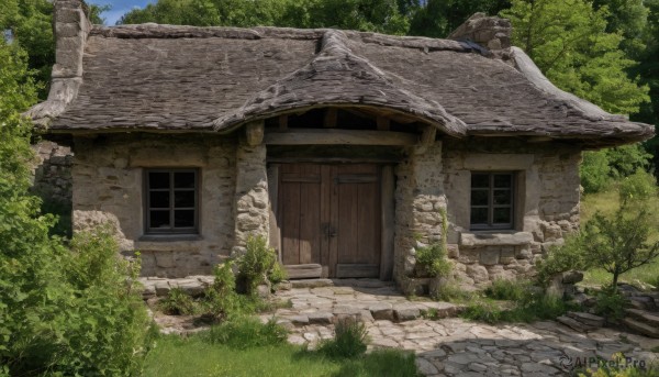 outdoors,sky,day,tree,blue sky,no humans,window,grass,plant,building,nature,scenery,forest,rock,stairs,door,bush,wall,ruins,house,path,moss,cloud,stone