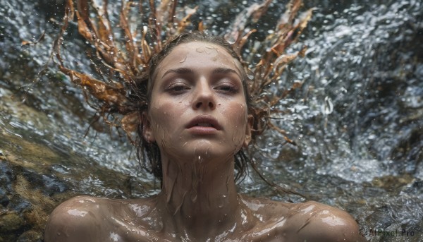 1girl,solo,long hair,looking at viewer,brown hair,black hair,bare shoulders,collarbone,closed eyes,nude,outdoors,parted lips,teeth,water,mole,black eyes,lips,wet,makeup,half-closed eyes,portrait,facing viewer,partially submerged,freckles,rock,realistic,wet hair,short hair,upper body