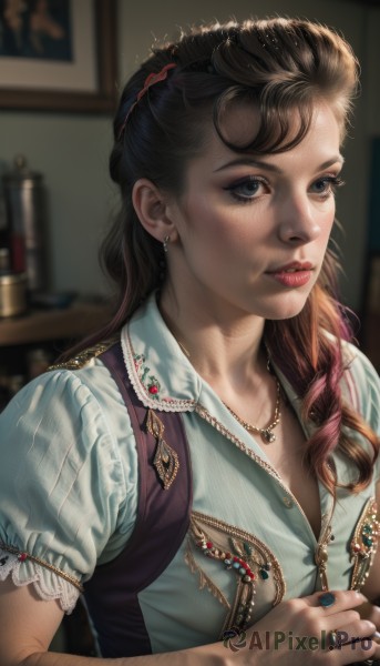 1girl,solo,long hair,blue eyes,brown hair,shirt,hair ornament,jewelry,white shirt,upper body,ponytail,short sleeves,multicolored hair,earrings,parted lips,puffy sleeves,indoors,necklace,nail polish,blurry,black eyes,vest,puffy short sleeves,lips,eyelashes,makeup,depth of field,blurry background,ring,lipstick,gem,freckles,realistic,nose,red lips,picture frame,breasts,looking at viewer,black hair,book,own hands together,blue nails,nail art