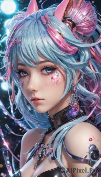 1girl,solo,long hair,breasts,looking at viewer,bangs,blue eyes,hair ornament,cleavage,bare shoulders,jewelry,medium breasts,closed mouth,blue hair,upper body,pink hair,multicolored hair,earrings,necklace,collar,lips,eyelashes,tattoo,makeup,facial mark,portrait,freckles,science fiction,realistic,nose,mascara,ribbon,animal ears,parted lips,hairclip,shiny,artist name,blurry,from side,detached collar,moon,gem,close-up,pink lips,eyeliner,cable,cyberpunk