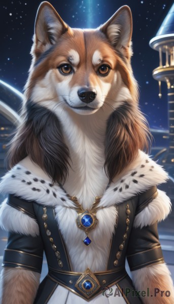 solo,looking at viewer,brown hair,brown eyes,jewelry,upper body,short sleeves,outdoors,sky,belt,artist name,signature,necklace,fur trim,no humans,night,animal,brooch,gem,star (sky),night sky,pendant,starry sky,dog,animal focus,white fur,fur,whiskers,fluffy,long hair,watermark,fur collar,shiba inu