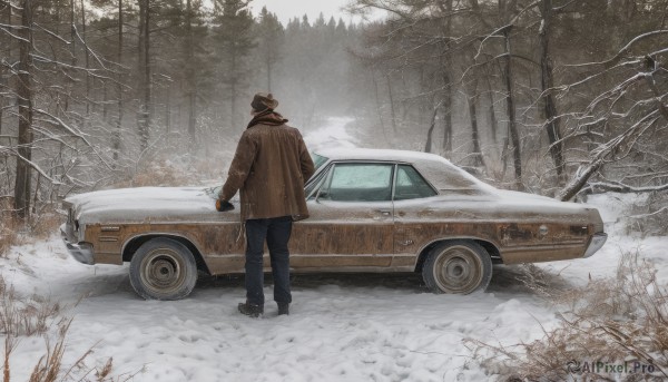 solo,gloves,long sleeves,1boy,hat,holding,standing,jacket,male focus,outdoors,pants,from behind,black footwear,tree,coat,ground vehicle,nature,scenery,motor vehicle,snow,forest,car,winter,vehicle focus,brown coat,bare tree,sports car,boots,denim,brown jacket,jeans,snowing,brown headwear,blue pants,winter clothes,facing away,trench coat