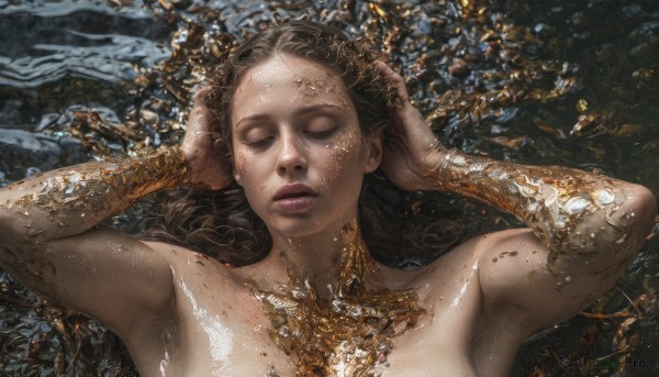 1girl,solo,long hair,brown hair,black hair,closed eyes,upper body,nude,lying,parted lips,teeth,shiny,on back,armpits,water,arms up,lips,wet,shiny skin,facing viewer,partially submerged,realistic,hands on own head,eyelashes,freckles,dirty,gold