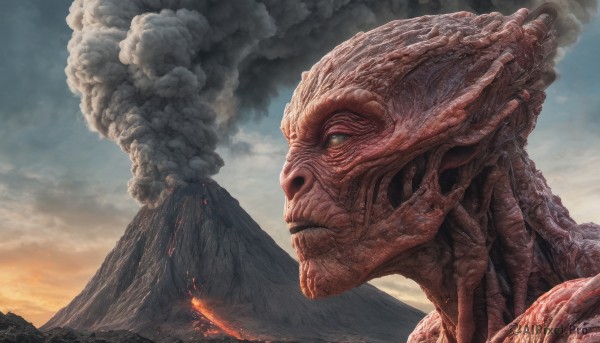 A alien amidst a vivid fiery outdoors