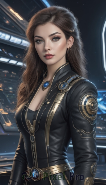 1girl,solo,long hair,breasts,looking at viewer,brown hair,long sleeves,cleavage,brown eyes,jewelry,medium breasts,closed mouth,upper body,earrings,belt,necklace,lips,bodysuit,makeup,wavy hair,lipstick,gem,pendant,zipper,science fiction,realistic,nose,black bodysuit,red lips,large breasts