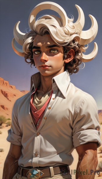 solo,looking at viewer,short hair,brown hair,shirt,1boy,brown eyes,closed mouth,white shirt,upper body,white hair,short sleeves,male focus,outdoors,horns,sky,day,collared shirt,belt,pants,artist name,dark skin,blue sky,lips,dress shirt,buttons,scar,dark-skinned male,thick eyebrows,red shirt,buckle,sleeves rolled up,freckles,veins,curly hair,belt buckle,nose,arms at sides,unbuttoned,brown belt,partially unbuttoned,undershirt,open collar,desert,yellow eyes,tattoo,halo,realistic