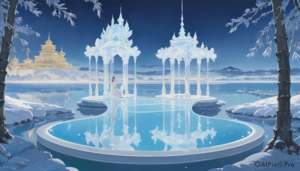 1girl,solo,long hair,black hair,dress,sitting,standing,outdoors,sky,barefoot,cloud,water,white dress,tree,night,bird,star (sky),night sky,scenery,starry sky,reflection,blue theme,fantasy,wide shot,pillar,castle,waterfall,floating island,short hair,sleeveless,blue sky,sleeveless dress,moon,plant,snow,mountain,horizon,lake,fountain,very wide shot