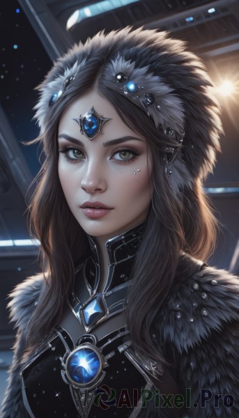 1girl,solo,long hair,looking at viewer,brown hair,black hair,hair ornament,brown eyes,jewelry,green eyes,upper body,artist name,lips,fur trim,eyelashes,makeup,gem,portrait,freckles,circlet,realistic,nose,forehead jewel,yellow eyes,earrings,watermark,facial mark,feathers,headdress,space